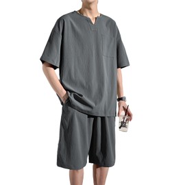 Atkata Men's Top and Bottom Set, Summer Setup, Men's, Loungewear, Jersey, Men's, Top and Bottom Set, Large Size, 2-piece Set, T-shirt, Half Pants, Solid, Casual, Room Wear, V-Neck, gray