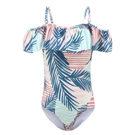 Zestonie Big Girls One Piece Swimsuits Hawaiian Off Shoulder Bathing Suit for Kids Hawaiian Swimwear Palm Leaf Size 10/8-10 Years
