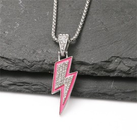 coadipress Hip Hop Lightning Pendant Necklace for Women Men Hip Hop Punk Crystal Lightning Bolt Chain Necklace Fashion Rock Party Jewelry (Pink)