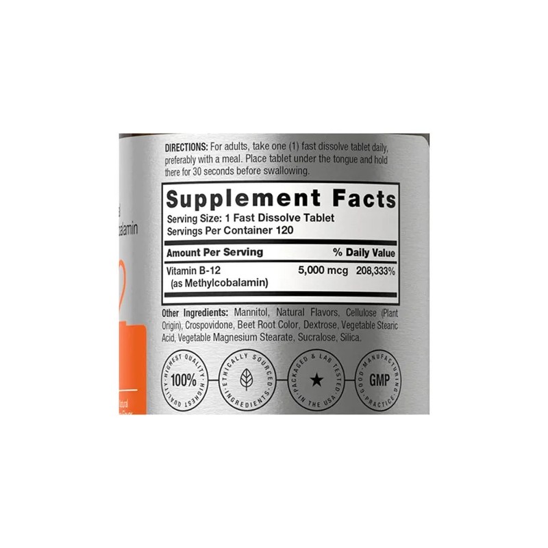Vitamina B12 5000mcg Horbaach Methylcobalamina, 120 Tabletas Bayas