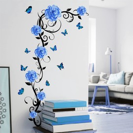 WOHAHA Wall Stickers, Flowers, Plants, Stylish, Peel Off, Large Flowers, Blue Flowers, Wisteria Flowers, Butterflies, Wallpaper, Wall Decoration, Waterproof, Removable, Wall Stickers, Living Room,