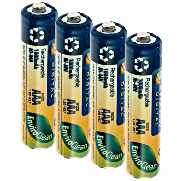 Synergy Digital Ni-MH, baterías AAA recargables de alta capacidad de 1000 mAh, paquete de 4 unidades de baterías triple A de larga duración, uso para teléfonos inalámbricos, controles remotos, juguetes y otros dispositivos