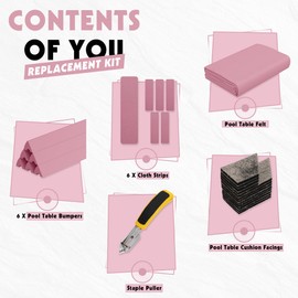 iEsstros 8ft Pool Table Felt and Bumper Kit for Pool Table Billiard Cloth with K66 Pool Table Bumpers, K66 Pool Table Cushions Facing, 6 Pcs Cloth Strips and Staple Remover-Pink