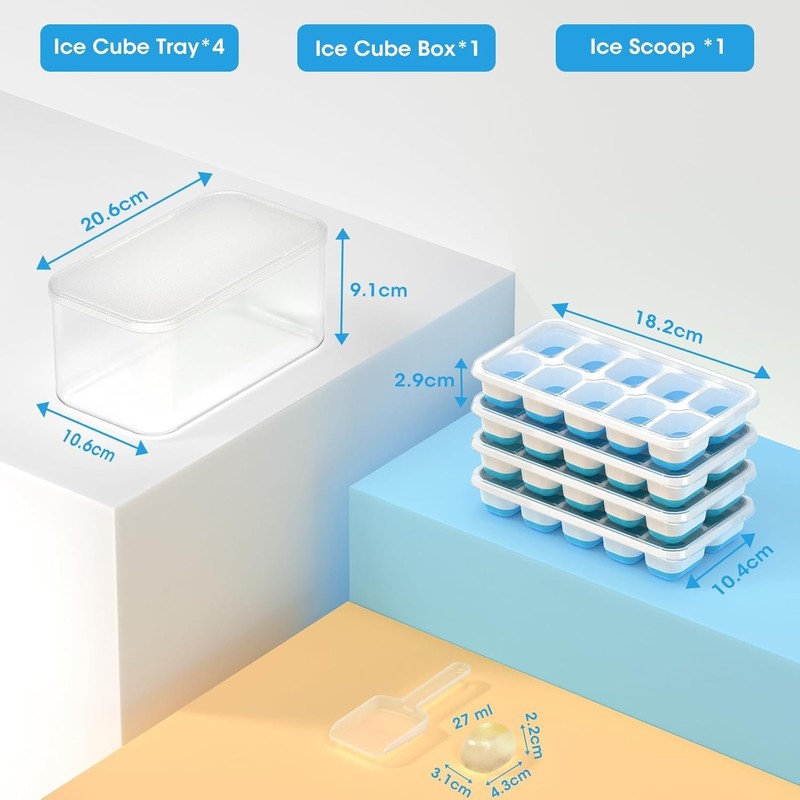 DOQAUS Ice Cube Tray with Lid and Bin, 4 Pack