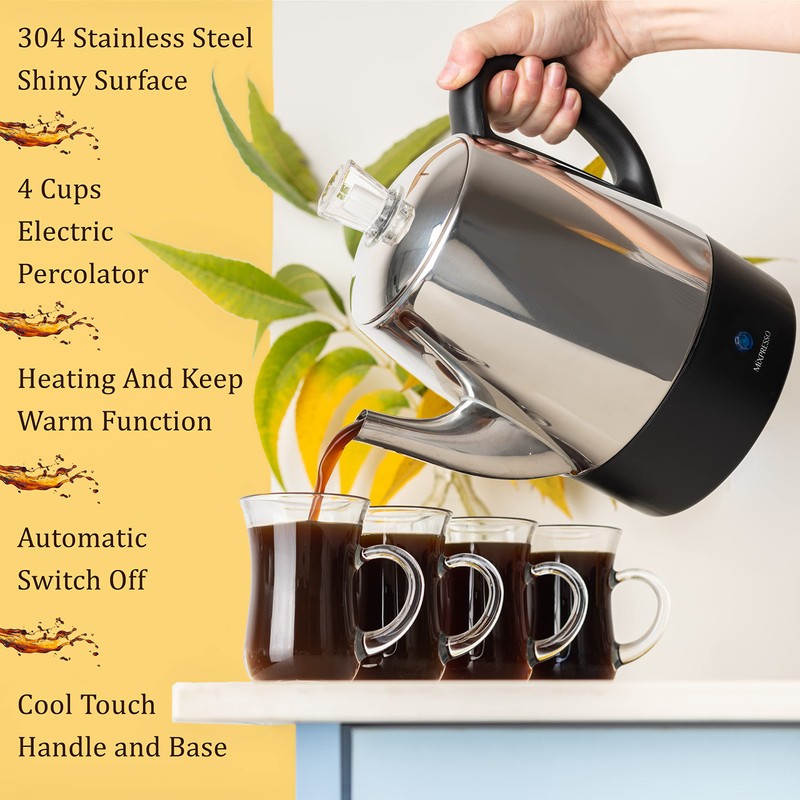 Mixpresso Small Percolator Coffee Pot Electric 4 Cup, Stainless Steel