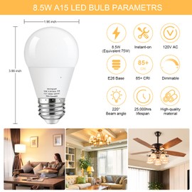 MorningLight 8 Pack A15 LED Bulb Dimmable, Upgraded 8.5W LED Equal 75 Watt Incandescent Bulbs, 3000K Soft White, 800LM, Efficient 8.5W Fan Light Bulb, A15 Light Bulb for Floor Lamp, Table Lamp, E26