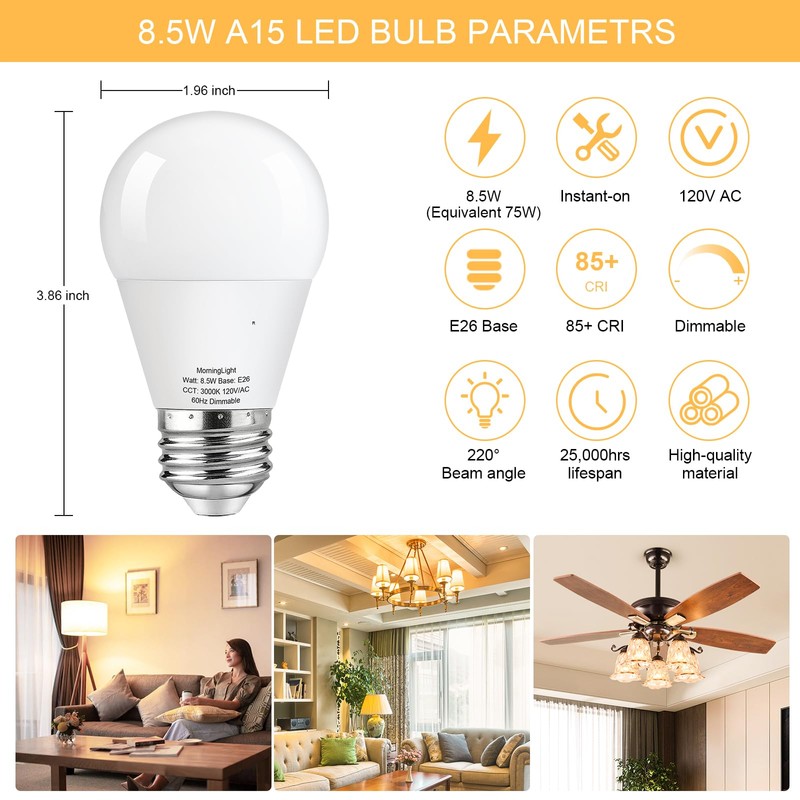 MorningLight 8 Pack A15 LED Bulb Dimmable, Upgraded 8.5W LED