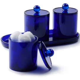 Qtip Holder Bathroom Set with Tray(4PCS) - 3 Pack Acrylic Plastic Apothecary Jars Qtip Dispenser Canister with Lid and Labels, 1 Pack Bathroom Vanity Tray, for Cotton Ball, Cotton Swab (Blue)