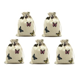 5 pcs Printed Cotton Burlap Favor Gift Bags, Linen Jewelry Pouches with Drawstring for Gifts Jewelry and Storage (Butterfly)