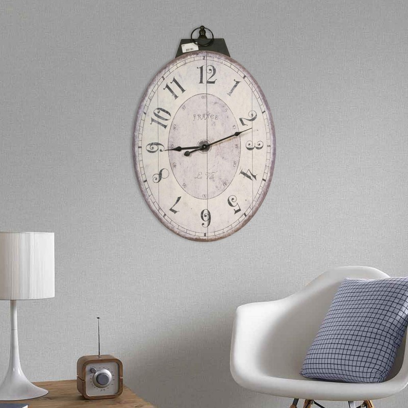 Benjara Distressed Oval Shape Wooden Wall Clock with Ring Hanger,