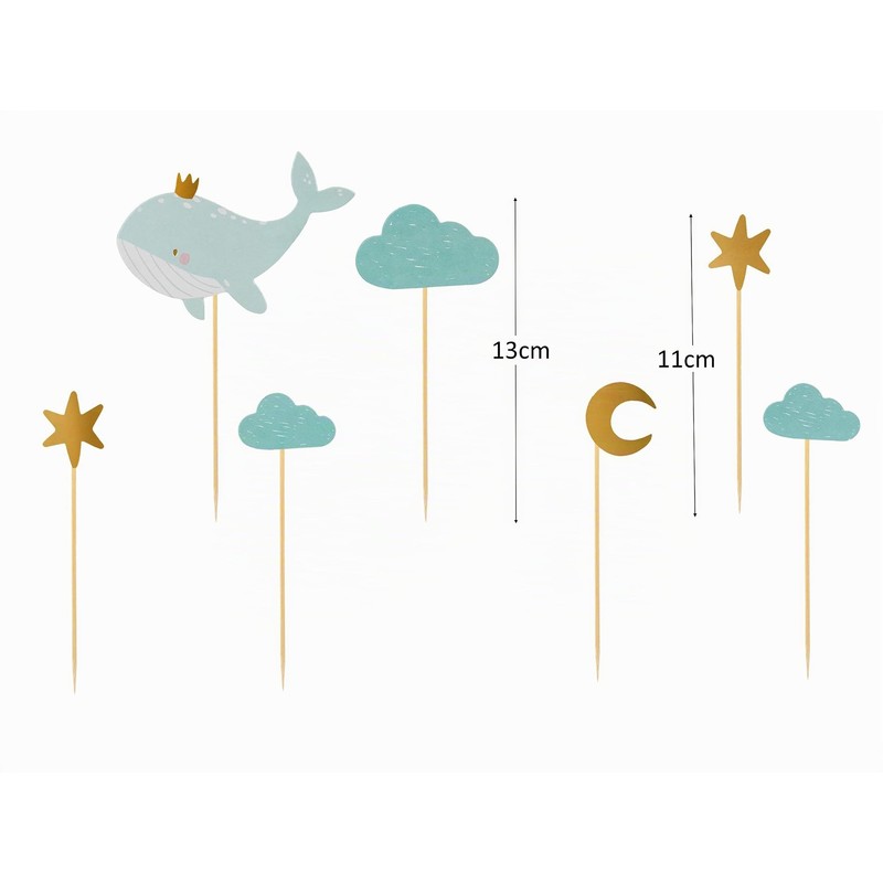Set di 7 decorazioni per torta per bambini, balena, luna,