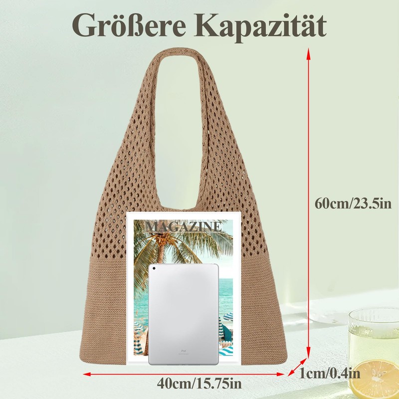 SUOSDEY Crocheted Mesh Beach Tote Bag, Summer Holiday Aesthetic Knitted