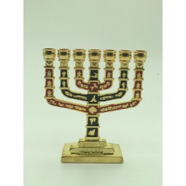 Menorah, metal, design represents the 12 tribes of Israel,  red and black design