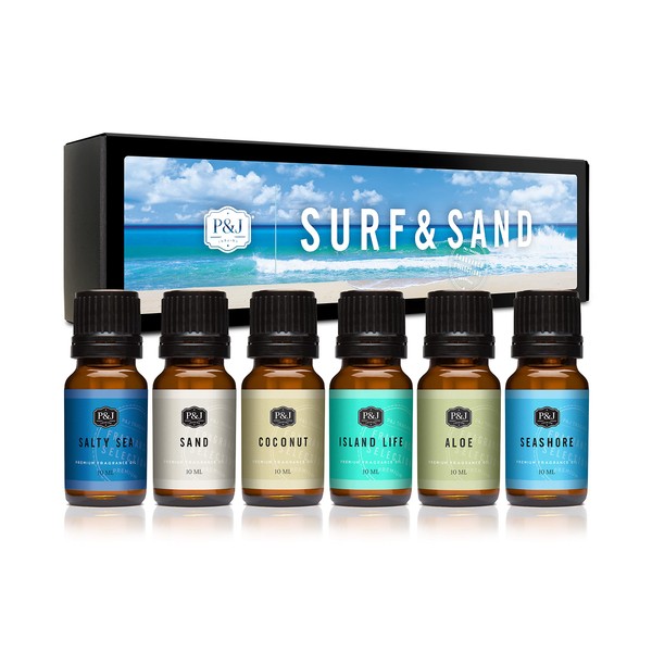 P&J Fragrance Oil Surf & Sand Set | Salty Sea, Sand, Coconut, Island Life, Aloe, Seashore Candle Scents for Candle Making, Freshie Scents, Soap Making Supplies, Diffuser Oil Scents