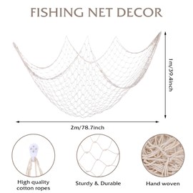 4 Pcs Natural Fish Net Decorative 1x2m Beach Themed Fish Net Decorations Fishing Net Wall Hanging Fishnet NettingTable Runner for Pirate, Mermaid, Nautical, Beach Party Home Bedroom Décor