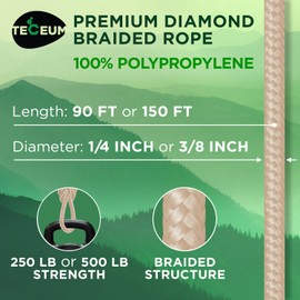 TECEUM Rope – 90 Feet x 1/4 Inch (7mm) – Beige – Strong All-Purpose Utility Rope – Camping, Crafting, Flag Pole, Indoor & Outdoor – Polypropylene Nylon Poly Lightweight Diamond Braided Cord