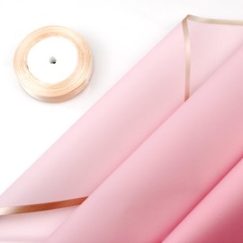 Amonk 20 Sheets Floral Wrapping Paper Pink Floral Paper Waterproof Flower Wrapping Paper Florist Bouquet Supplies with Ribbon for Wedding DIY Crafts Gift Packaging 22.8x22.8 inch