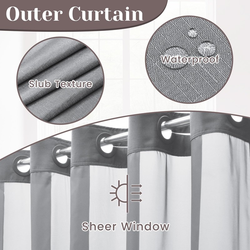 SORTTO No Hook Slub Textured Shower Curtain with Snap in