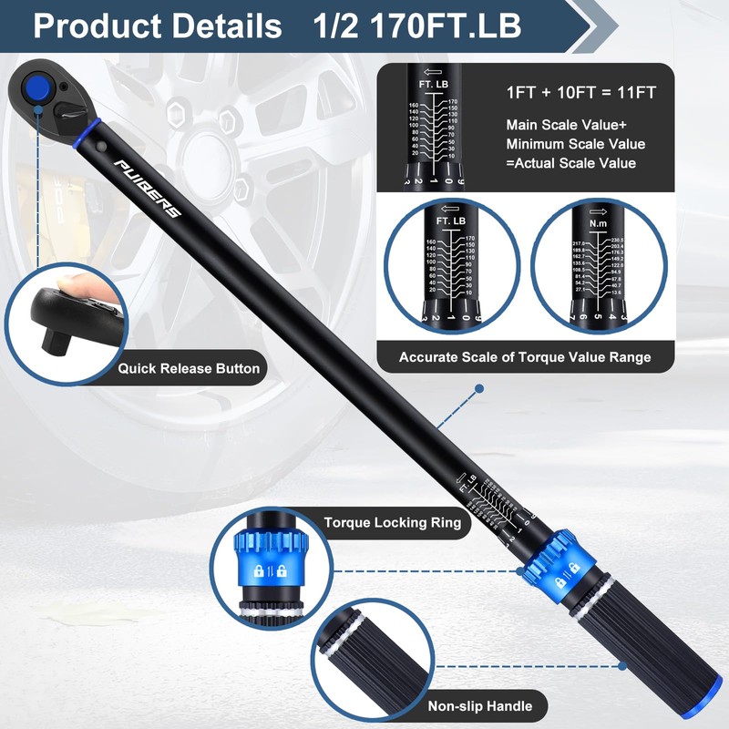 PUIBERS Torque wrench Set 1/2 drive,1/2 Torque Wrenches 10-170 FT.LB/13.6-230.5