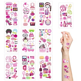 Spa Party Temporary Tattoos,10 Sheets Pink Makeup Salon Birthday Party Decorations Waterproof Fake Tattoo Stickers for Kids Girls Birthday Gifts Party Favor Supplies
