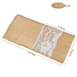 TIMESETL Pack of 40 Jute Cutlery Bags, Hessian Cutlery Holder, Vintage Cutlery Bags with Lace Wedding Decoration Table Decoration for Wedding Party Restaurant