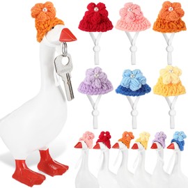 Geyoga 6 Pcs Mini Knitted Hats 7 Inch Goose Outfits Hat with Adjustable Strap Mini Porch Goose Headwear for Statue Key Holder (Floral)
