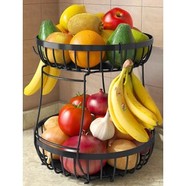 Sevenblue 2 Tier Large Fruit Basket for Kitchen Counter with 2 Banana Hangers, Metal Stackable Fruit Bowl for Kitchen Counter for Bread Vegetable Fruits, Black