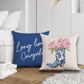 uinwk Long Live Cowgirls Pillow Covers 18x18, Blue and White Chinoiserie Pillow Covers, Pink Floral Cowgirl Pillow Covers, Preppy Coquette Room Decor, Cowgirl Room Decor, Chinoiserie Decor, Set of 2