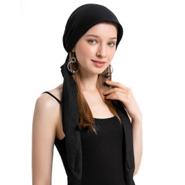 ZLYC Women's Chemo Turban Hat Headwraps Lightweight Beanie Hat, Black Plain