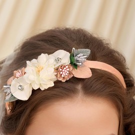 Yheahin Elegant Chiffon Flower Headband with Pearl Design Handmade Pink White Rose Floral Feather Hair Band Bridal Wedding Prom Party Hair Accessories for Women (Style 7, Elastic)