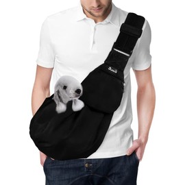 Lukovee Pet Sling, Hand Free Dog Sling Carrier Adjustable Padded Strap Tote Bag Breathable Cotton Shoulder Bag Front Pocket Safety Belt Carrying Small Dog Cat Puppy Machine Washable (Black, L)