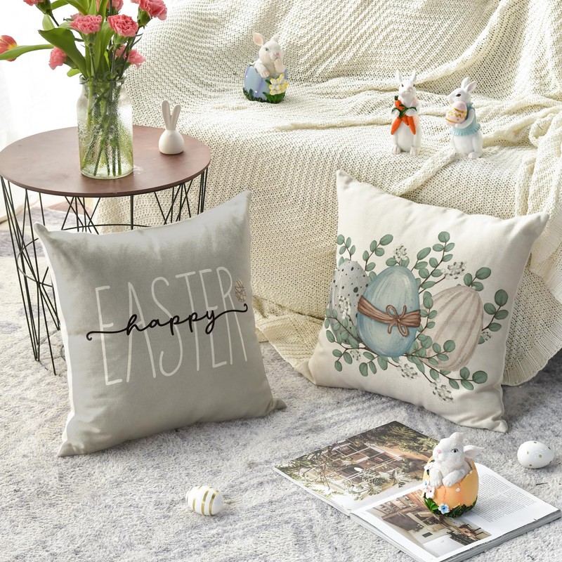 Artoid Mode Bunny Rabbits Eggs Eucalyptus Leaves Happy Easter Cushion