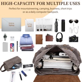 Wogarl Vintage Leather Canvas Backpack, Waxed Canvas Shoulder Rucksack with Toiletry Shoulder Rucksack for Traveling, Camping, Hiking,Business College Fits 17inch Laptop,Grey