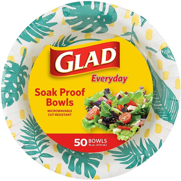 Glad Tabletop Disposable Paper Bowls with Palm Leaves Design, 16 Ounces, 50 Count