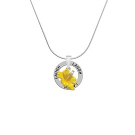 Delight Jewelry Silvertone Yellow Hibiscus Flower - Laugh Ring Charm Necklace, 18"