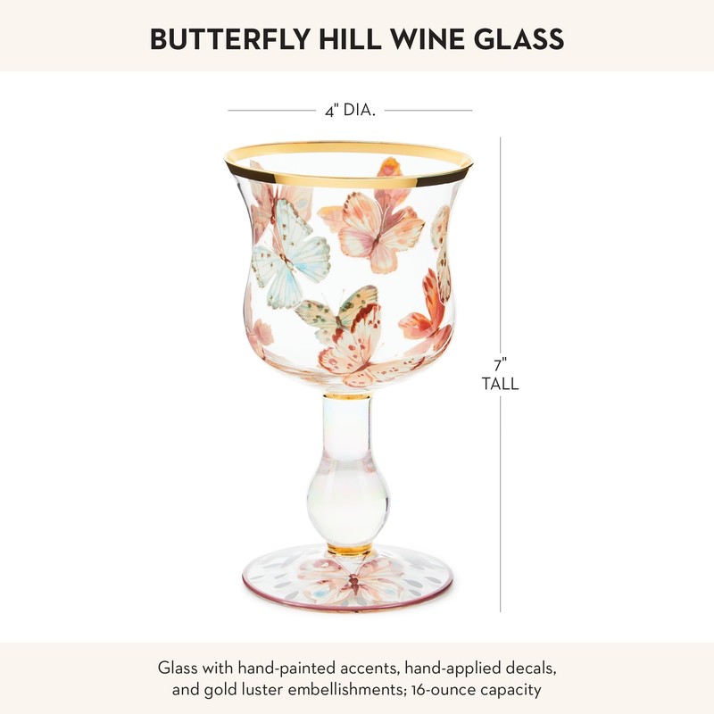 MACKENZIE-CHILDS Stemmed Wine Glass, Decorative Wine Glassware, 16 Ounces, Butterfly