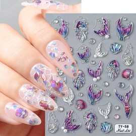 Colorful Mermaid Tail Nail Art Stickers 5D Embossed Ocean Fish Tail Nail Decals with Pearl Design Nail Sticker Self-Adhesive Seashell Starfish Nail Decal Summer Sea Nails Supply for Women Nails Decor