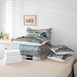 Erosebridal Rustic Camping Comforter Set for Travel Trailers Queen Size 7 Piece Farmhouse Camper Bedding Set with Sheet Set,Rv Adventure Bed in A Bag Woodland Bear Barn Door Bed Set