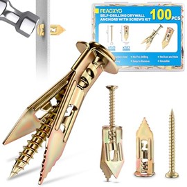 Upgraded 100 Pcs Self Drilling Drywall Anchors with Screws Kit, Zinc Plated Steel Sheetrock Anchors and Screws, No Drill Needed, Holds 66LB for TV, Shelf, Decor, Picture Frame Wall Mounting