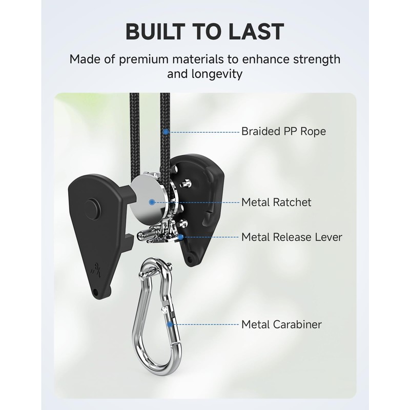 Fondwell 1/8" Adjustable Grow Light Hangers: Ratchet Rope Tie Downs