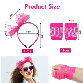 1 Piece Lace Bow Headband with 1 Pair of Mesh Gloves, Neon Hair Accessories for Girls, 80s Headband, Cute Bow Headband, Suitable for Parties, Celebrations, Stage Performances