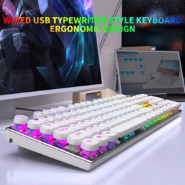 HUO JI HUO JI E-Yooso Z-88 Wired Typewriter Style Mechanical Gaming Keyboard, Programmable RGB Backlit, Blue Switches - Clicky, USB-C Cable, Metal Panel, 104 Double-Shot Keycaps for PC, White