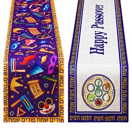 Breling 2 Pcs Rosh Hashanah Table Runner and Sukkot Table Runner 13x72 Inches Jewish Party Supply Happy Passover Tablecloth Festival Holiday Party Kitchen Dining Room Home Decoration(Clown)