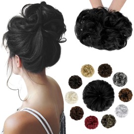 Soulwigger Messy Bun Hair Piece Wavy Curly Scrunchies Fluffy Donut Thick Updo Elegant Chignon Hairpieces for Women Girls, Dark Black 1.4oz