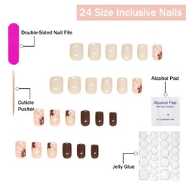 Fall Press on Nails Short Square Brown PetiteFake Nails Gold Foil False Nails with Floral Designs Cute Glossy Glue on Nails Full Cover Cute Acrylic Nails Stick on Nails for Women Girls 24 Pcs