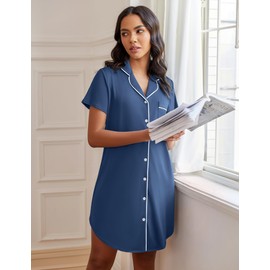 Ekouaer Womens Nightgown Button Down Night Gowns Short Sleeve Sleepshirt V Neck Nightshirt Soft Sleepwear, Blue, L