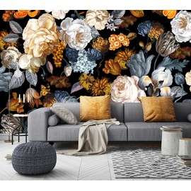 WFBHUA-Black and Gold Floral Wallpaper for Bedroom Vintage Blue Peony Flower Wall Mural (Not Peel and Stick)