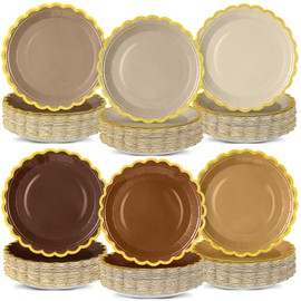 70PCS Brown Paper Plates 7inch Gradient Brown Party Plates Disposable Scalloped Dessert Plates Tableware Set for Birthday Fall Party Decorations Wedding Bridal Engagement Baby Shower Supplies 6 Colors