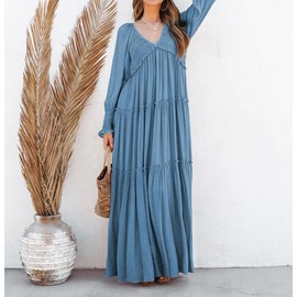 R.Vivimos Maxi Dress for Women Long Sleeve V Neck Empire Waist Layered Ruffle Boho Casual Flowy Long Dresses (Large, Blue)