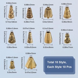 SOFPLATE 100Pcs 10 Styles Gold Cone, Flower Bead Caps Tibetan Style Alloy Antique Golden Beading Tassel End Caps for DIY Jewellery Making Findings Supplies Earrings Accessories Crafting